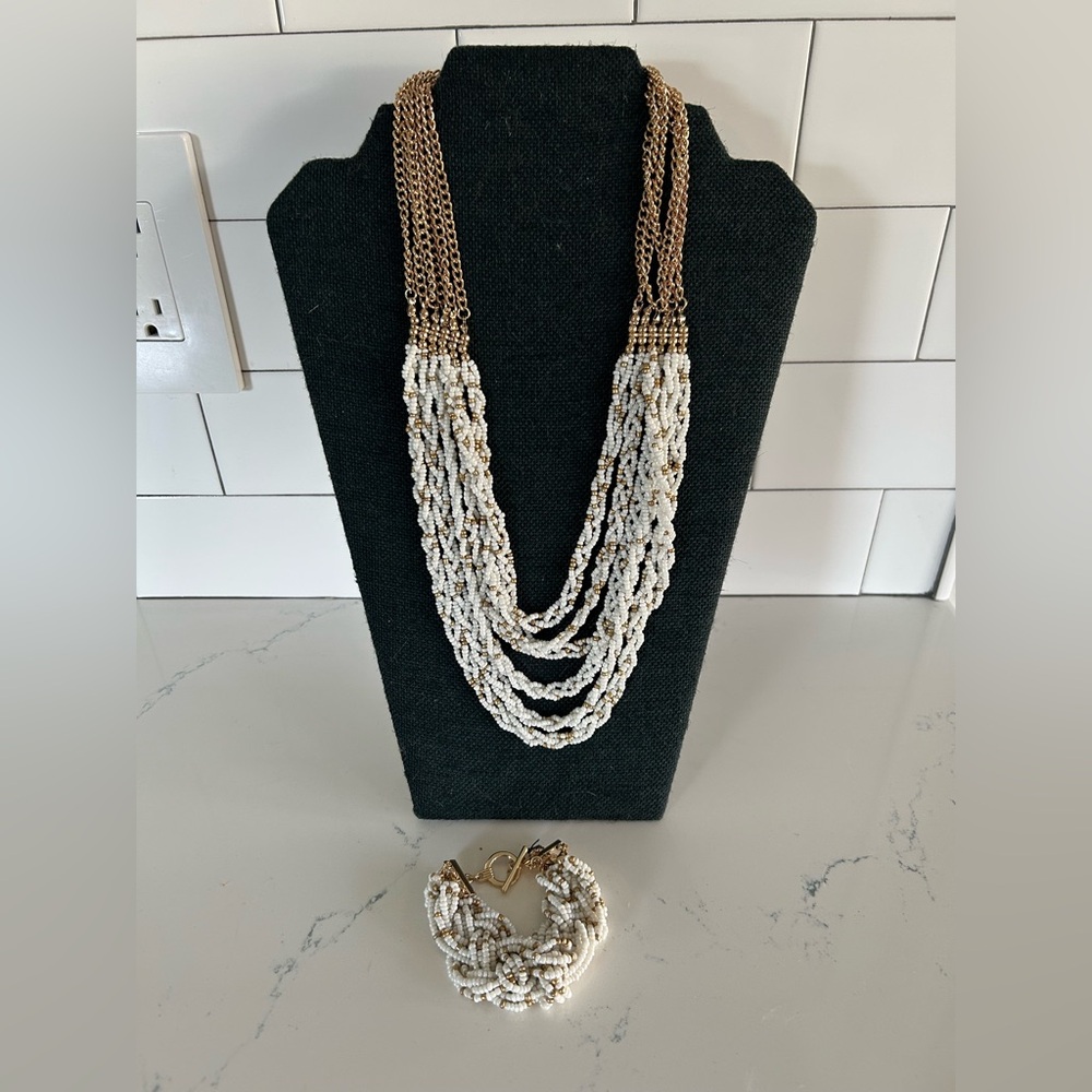 NWOT Talbots Beaded Multi-Strand Statement Necklace Cream & Gold w/Bracelet